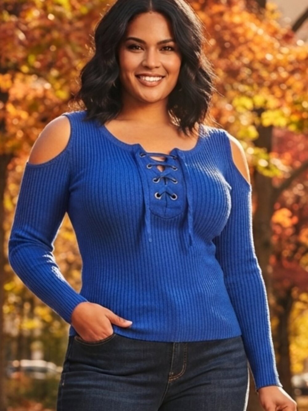 GUESS Blue Ribbed Cold Shoulder Lace-Up Sweater Women's XL